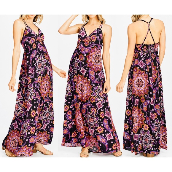 Last☝️ Paisley Ethnic BOHO Crochet Trim Maxi Dress - Picture 2 of 8